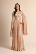 Saffira champagne pleated satin modest evening gown, full-length front view