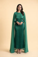 Yasmine emerald modest evening dress with chiffon cape, full-length front view