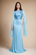 Mariya aquatic blue satin modest evening gown, full-length front view