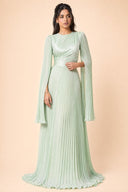 Saffira mint green pleated satin modest evening gown, editorial full-length view