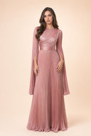 Saffira rose pleated satin modest evening gown, full-length front view