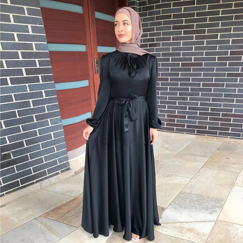 Black Satin Abaya Dress with Bow Neckline