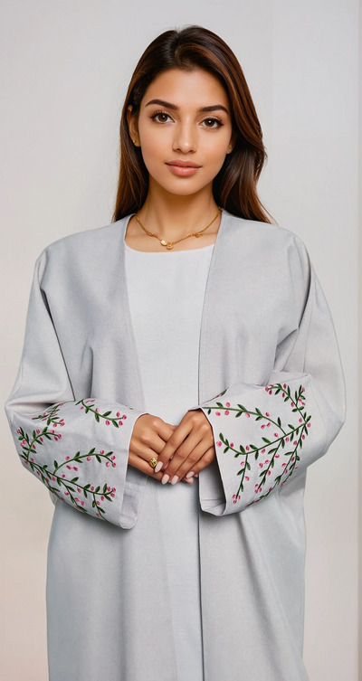 Floral Embroidered Kimono Light Gray