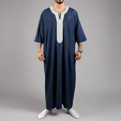 Navy Traditional Men’s Thobe with Embroidery