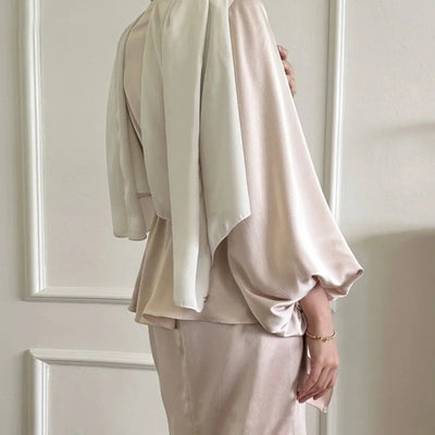 Women's Two-Piece Satin Abaya Set Beige