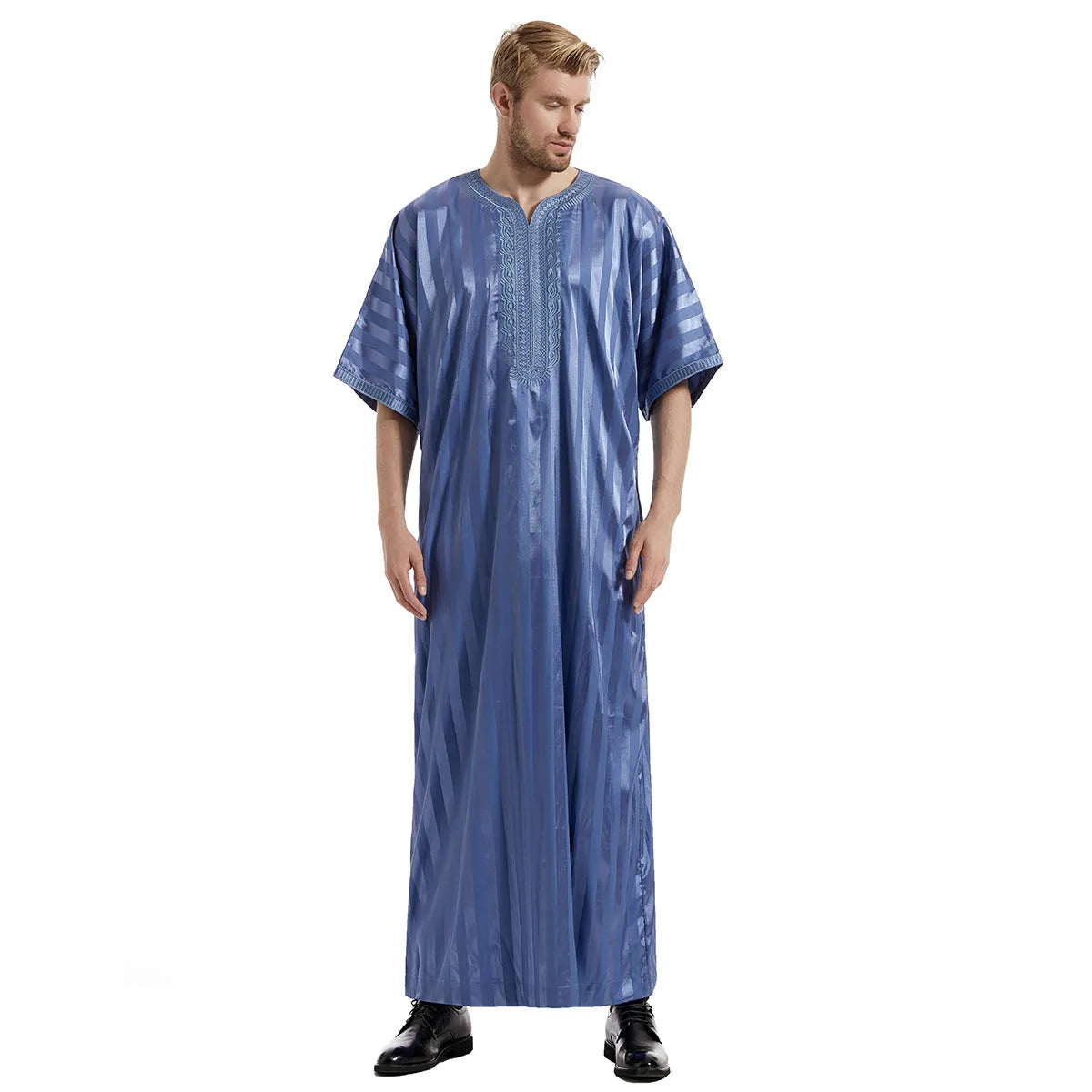 Modest satin maxi dress – Blue Moroccan Thobe with Striped Pattern