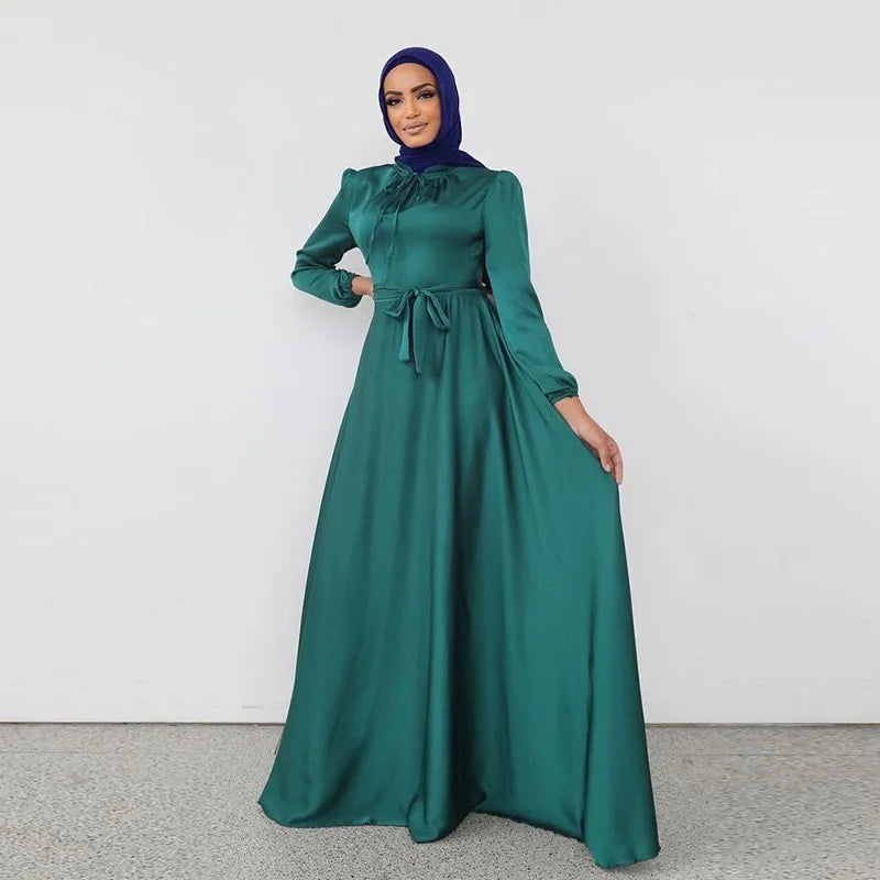 Green Satin Abaya Dress with Bow Neckline