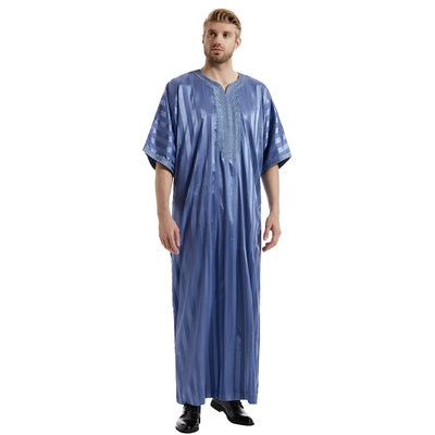 Modest satin maxi dress – Blue Moroccan Thobe with Striped Pattern