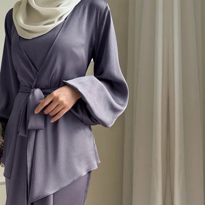 Women's Two-Piece Satin Abaya Set Purple