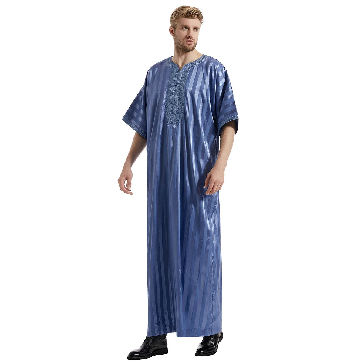 Modest satin maxi dress – Blue Moroccan Thobe with Striped Pattern