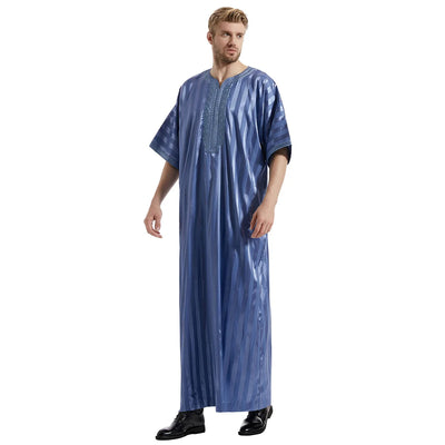Modest satin maxi dress – Blue Moroccan Thobe with Striped Pattern