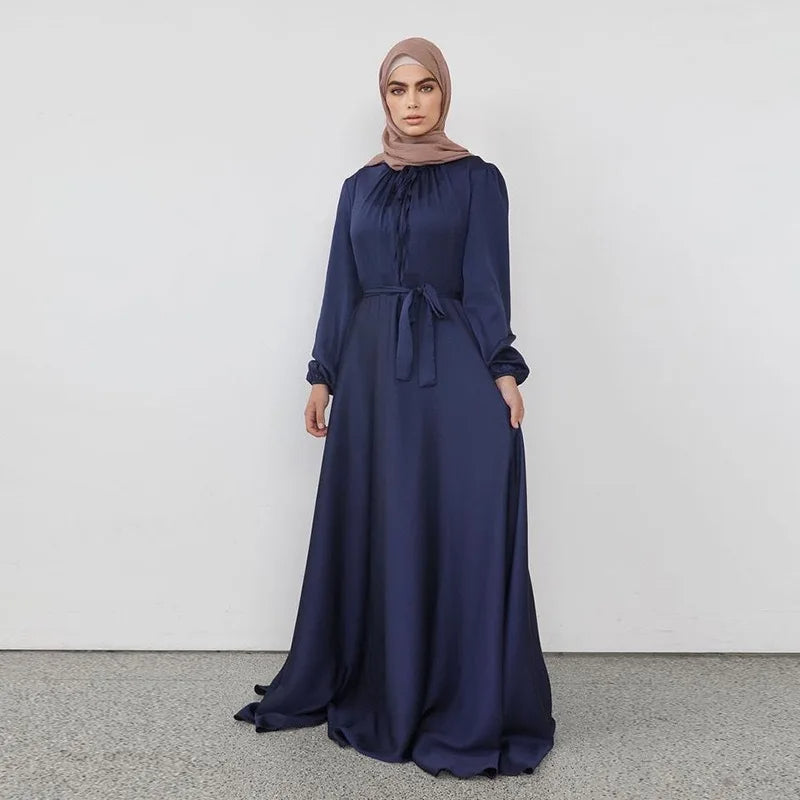 Navy Satin Abaya Dress with Bow Neckline