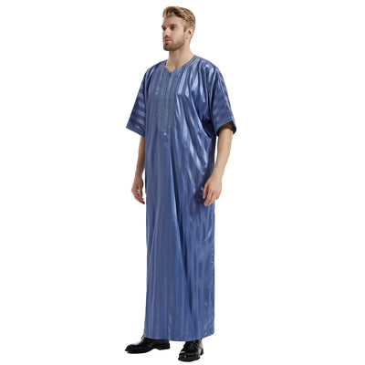 Modest satin maxi dress – Blue Moroccan Thobe with Striped Pattern