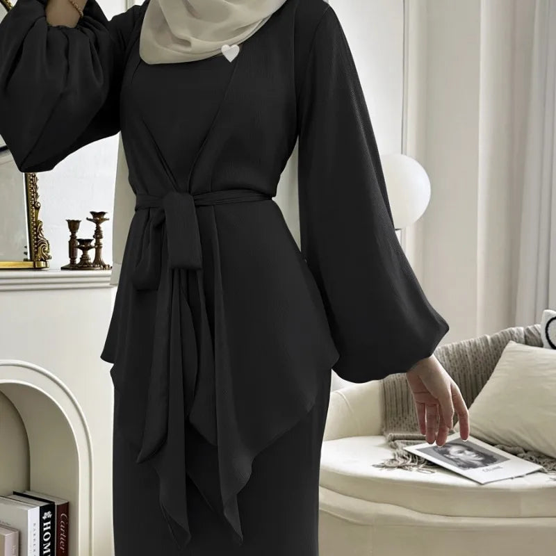 Women's Two-Piece Satin Abaya Set Black