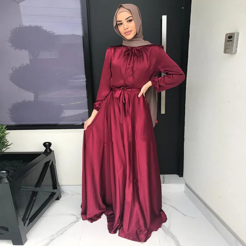 Red Satin Abaya Dress with Bow Neckline