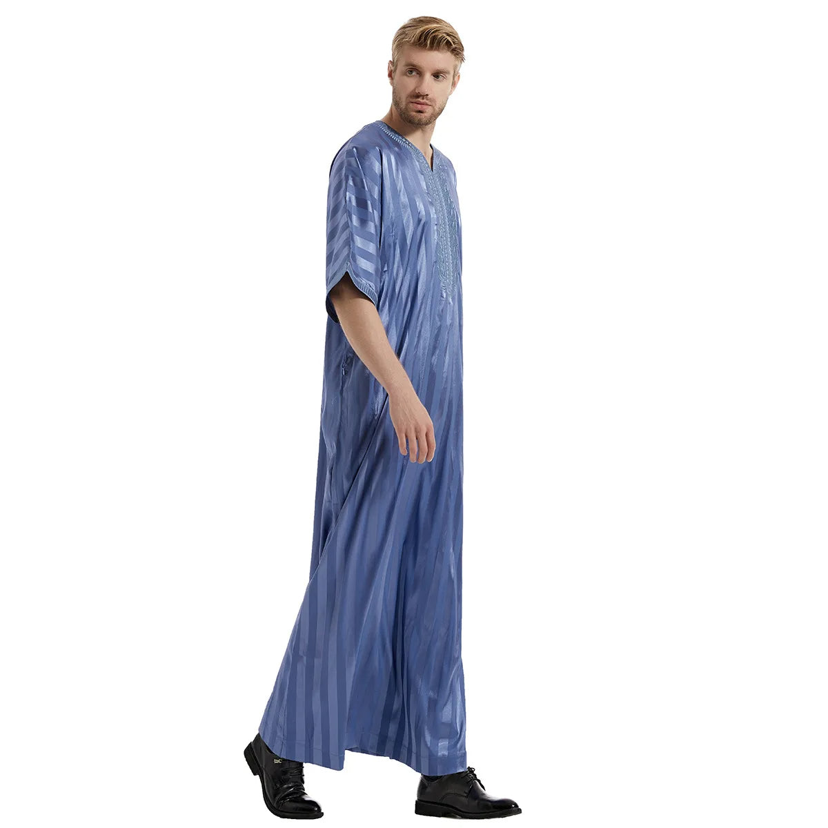 Modest satin maxi dress – Blue Moroccan Thobe with Striped Pattern
