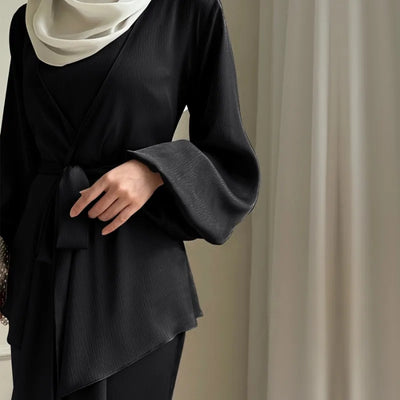 Women's Two-Piece Satin Abaya Set Black