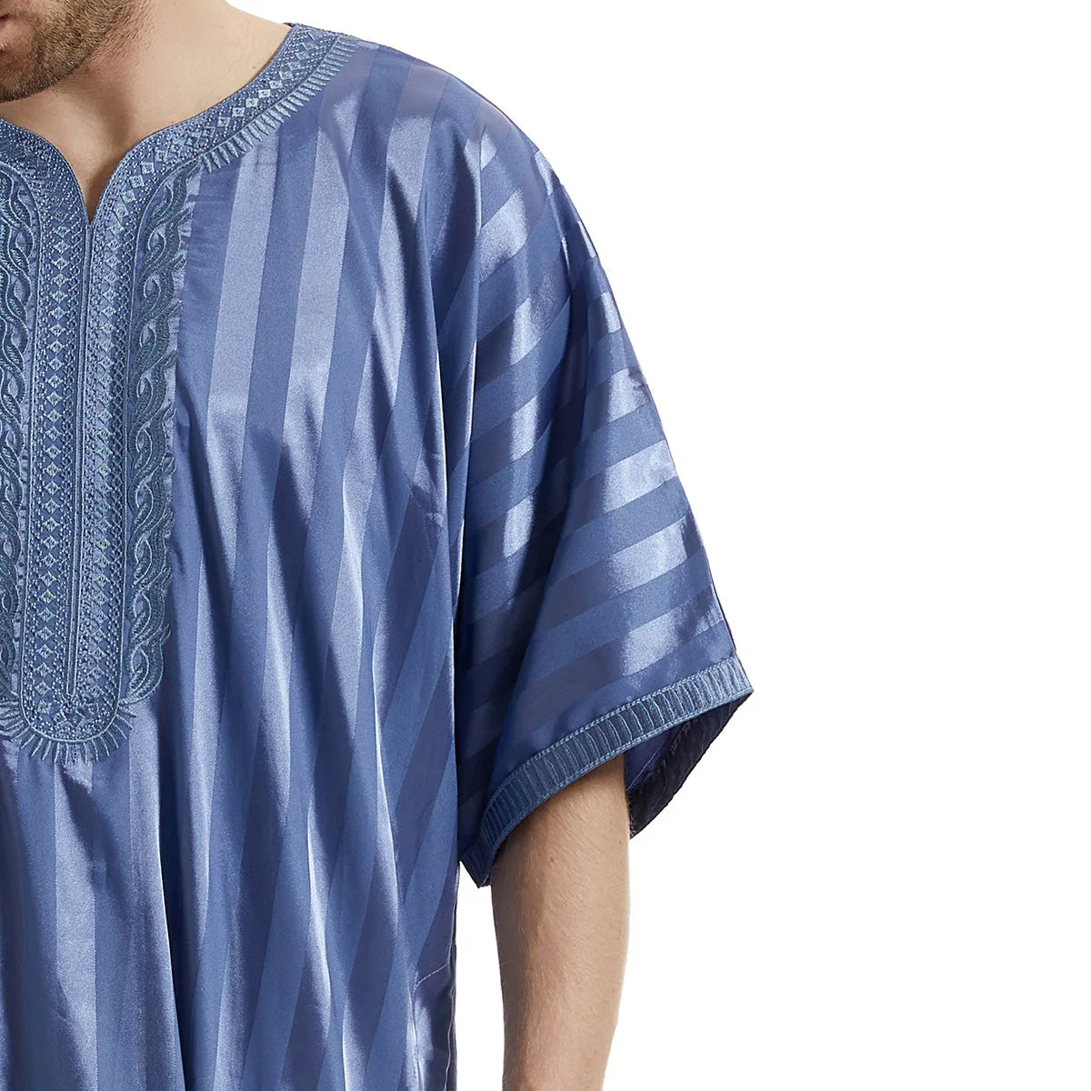 Modest satin maxi dress – Blue Moroccan Thobe with Striped Pattern