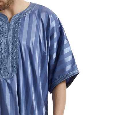 Modest satin maxi dress – Blue Moroccan Thobe with Striped Pattern
