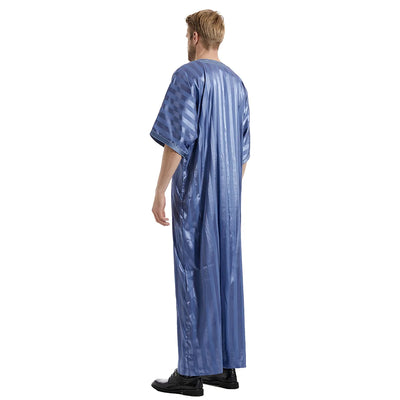 Modest satin maxi dress – Blue Moroccan Thobe with Striped Pattern