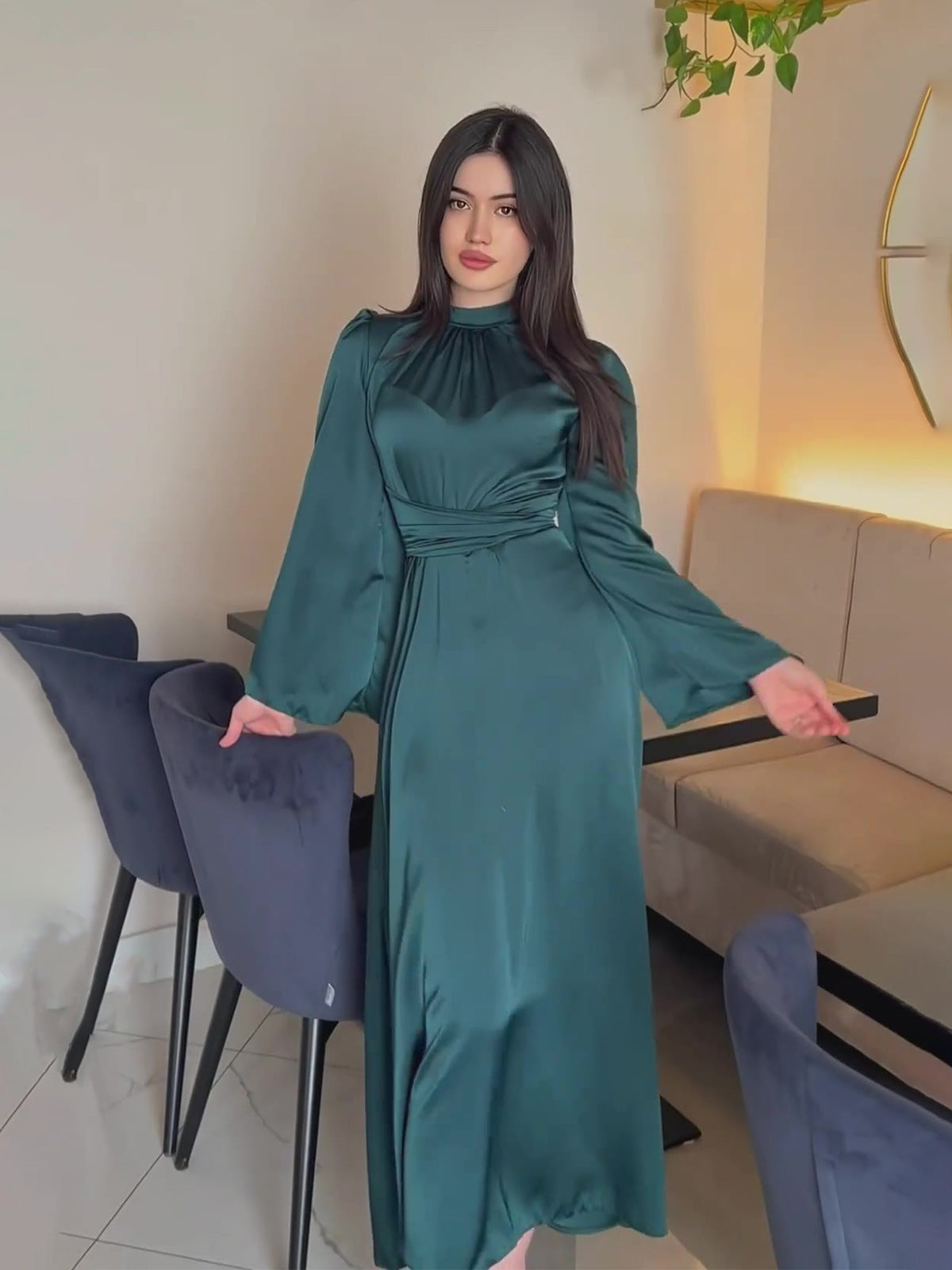 Modest satin maxi dress in Blue – Timeless Grace - Modest Satin Belted Maxi Dress