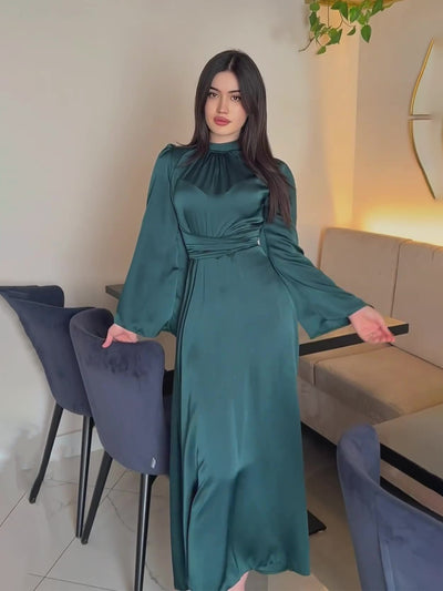 Modest satin maxi dress in Blue – Timeless Grace - Modest Satin Belted Maxi Dress