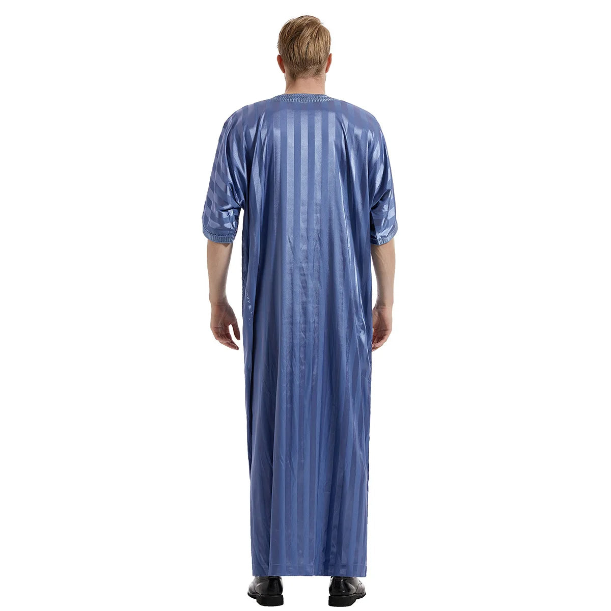 Modest satin maxi dress – Blue Moroccan Thobe with Striped Pattern