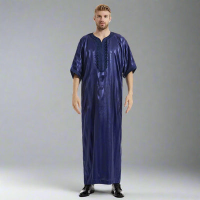 Navy Moroccan Thobe with Striped Pattern