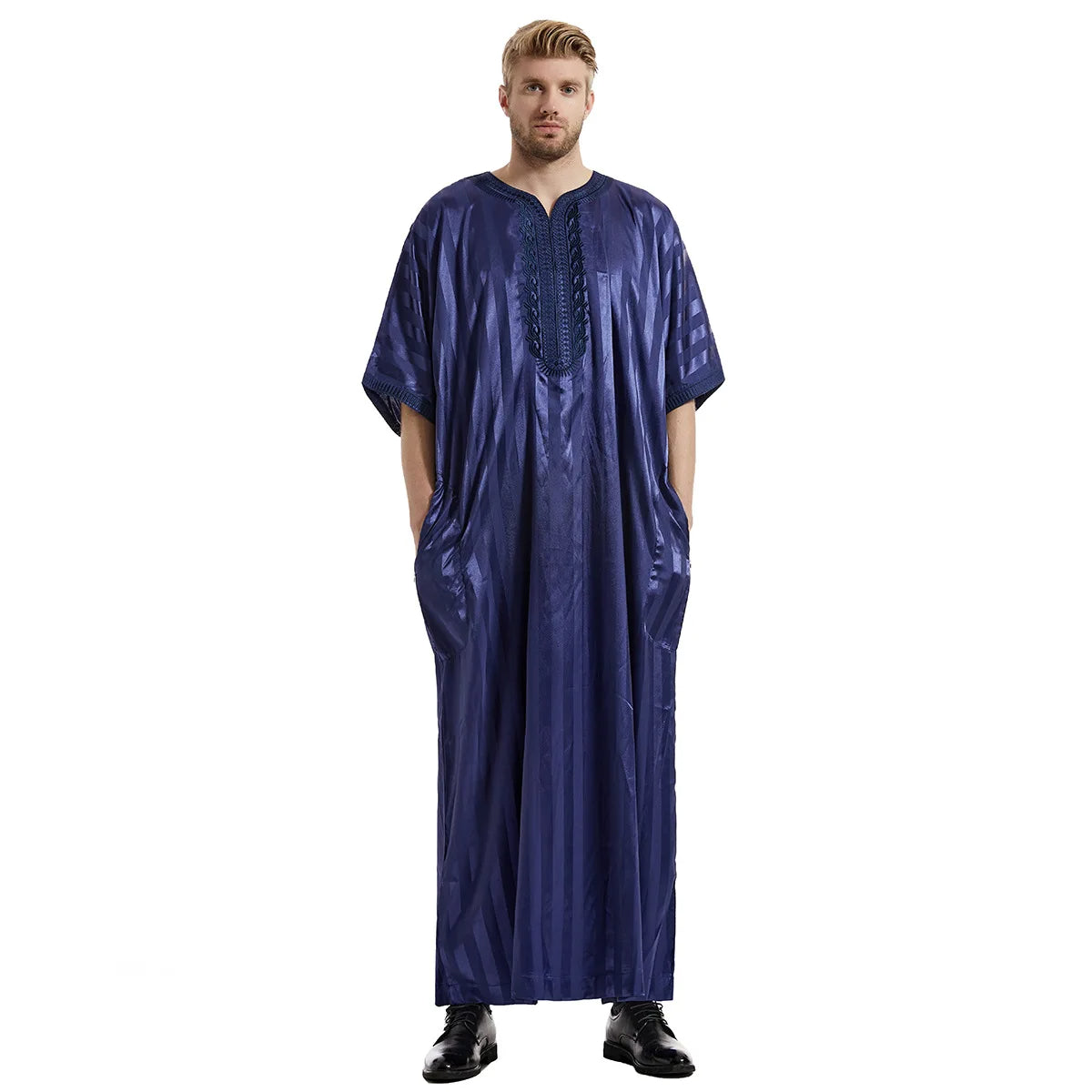 Navy Moroccan Thobe with Striped Pattern