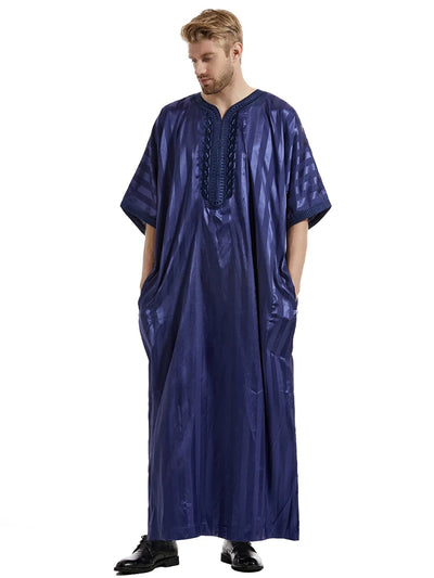 Navy Moroccan Thobe with Striped Pattern