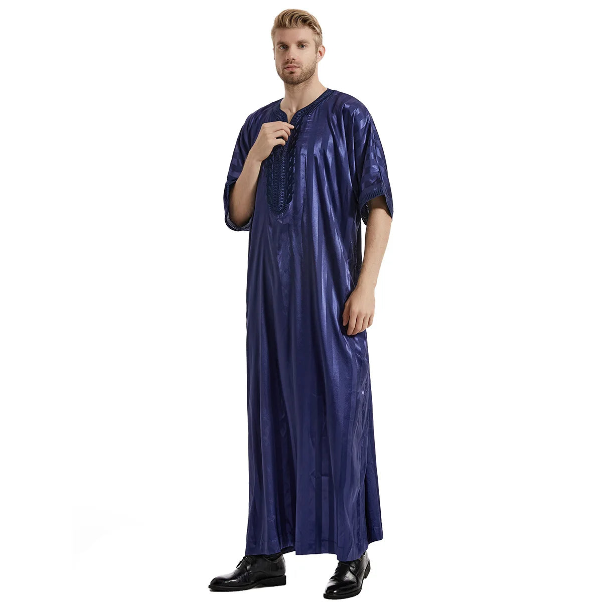 Navy Moroccan Thobe with Striped Pattern