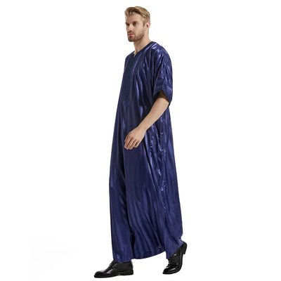 Navy Moroccan Thobe with Striped Pattern