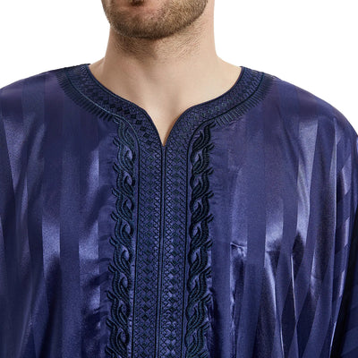 Navy Moroccan Thobe with Striped Pattern