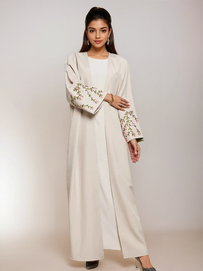Modest satin maxi dress – Floral Embroidered Kimono Beige