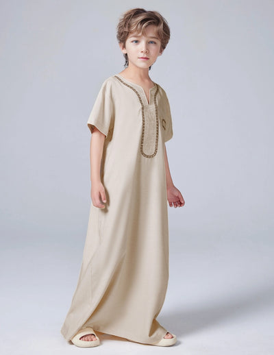 Boys' Short-Sleeve Thobe with Embroidered Neckline