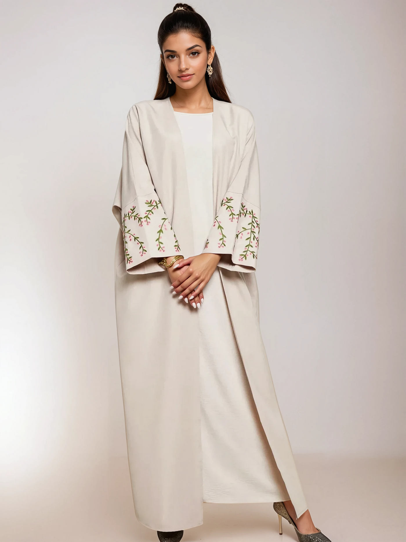 Modest satin maxi dress – Floral Embroidered Kimono Beige