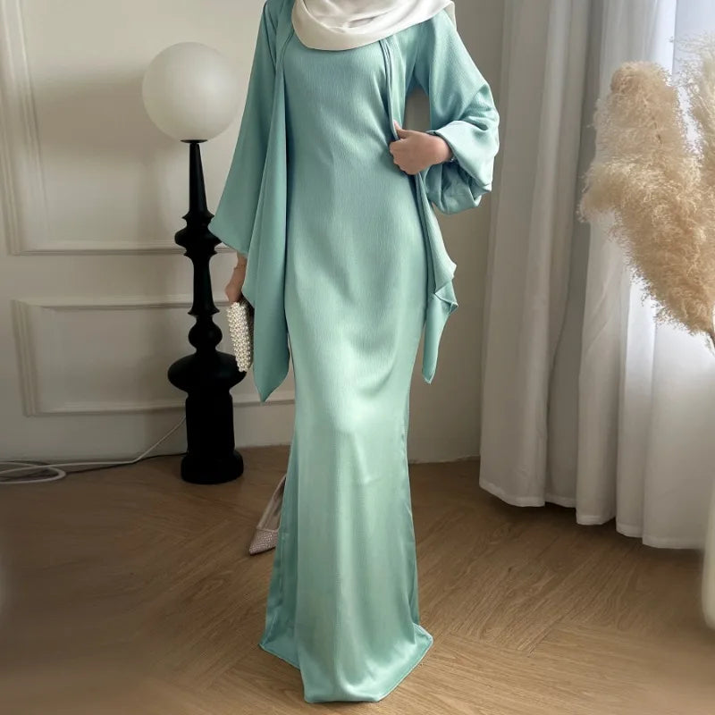 Women's Two-Piece Satin Abaya Set Sky Blue