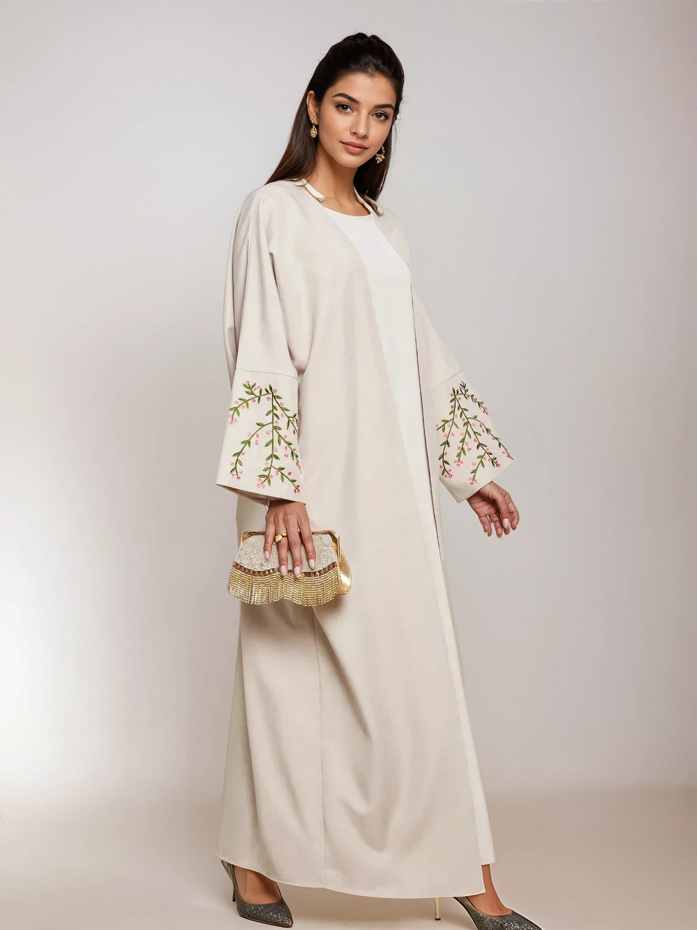 Modest satin maxi dress – Floral Embroidered Kimono Beige