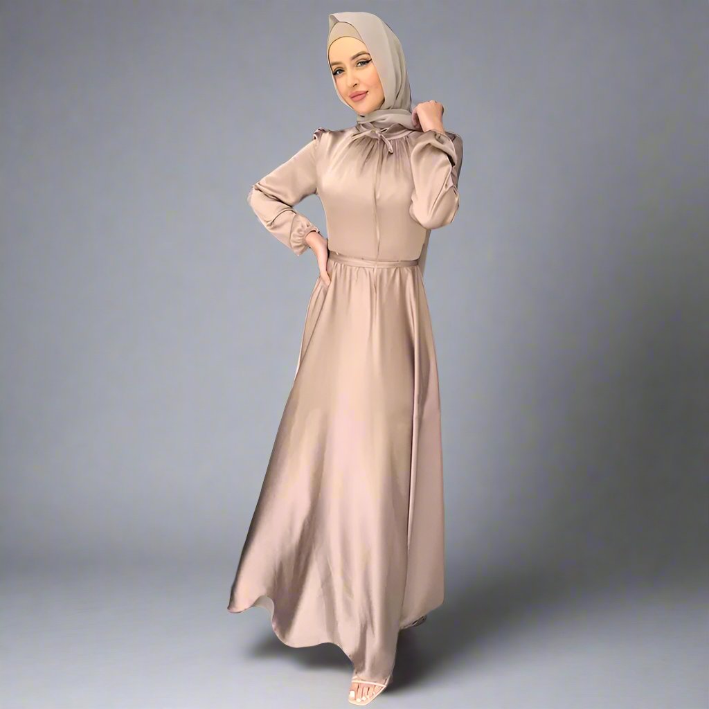 Beige Satin Abaya Dress with Bow Neckline