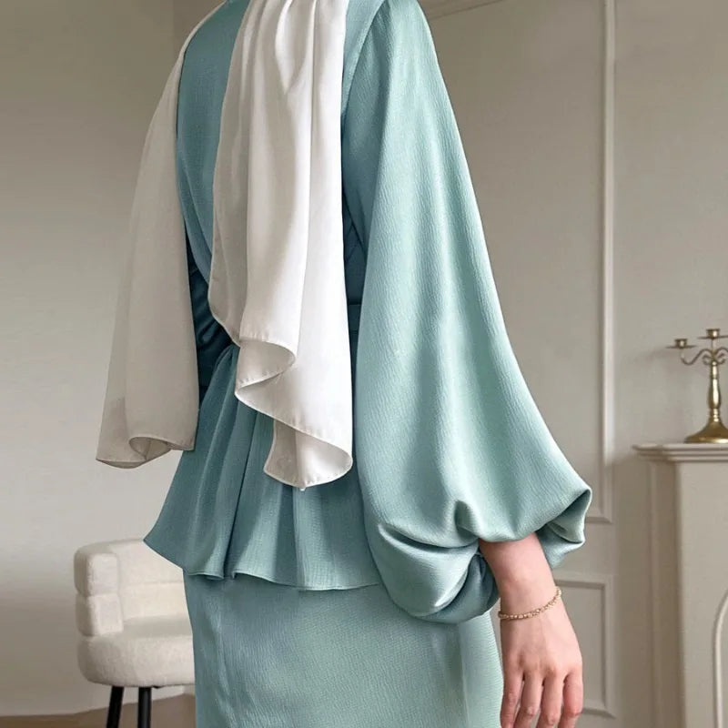 Women's Two-Piece Satin Abaya Set Sky Blue