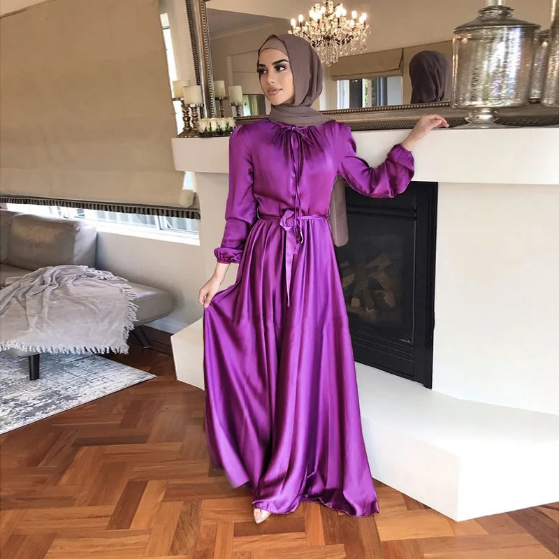 Purple Satin Abaya Dress with Bow Neckline