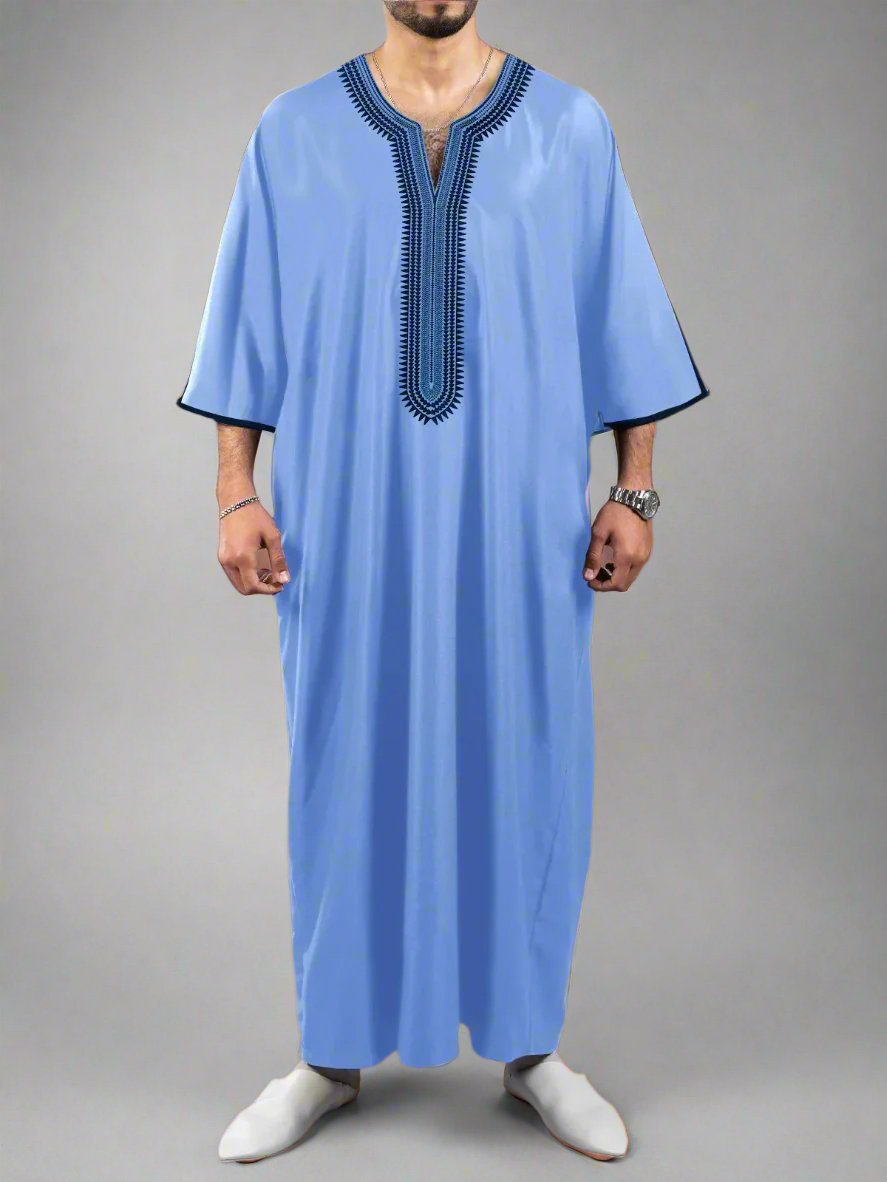 Blue Traditional Men’s Thobe with Embroidery