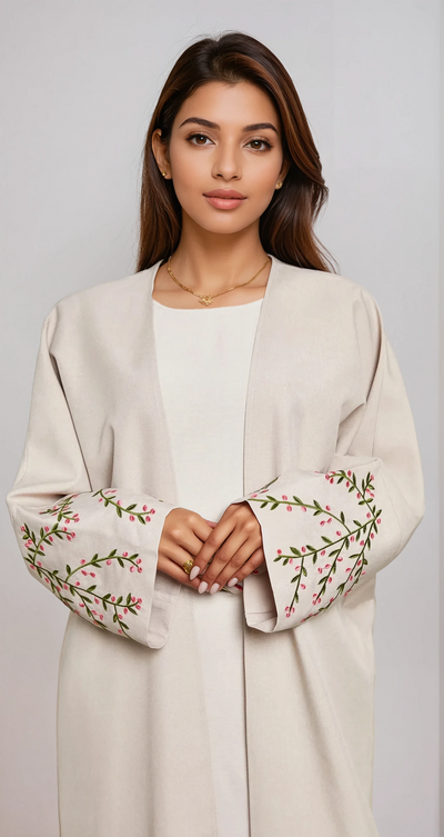 Modest satin maxi dress – Floral Embroidered Kimono Beige
