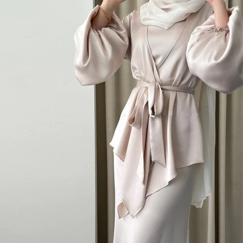 Women's Two-Piece Satin Abaya Set Beige