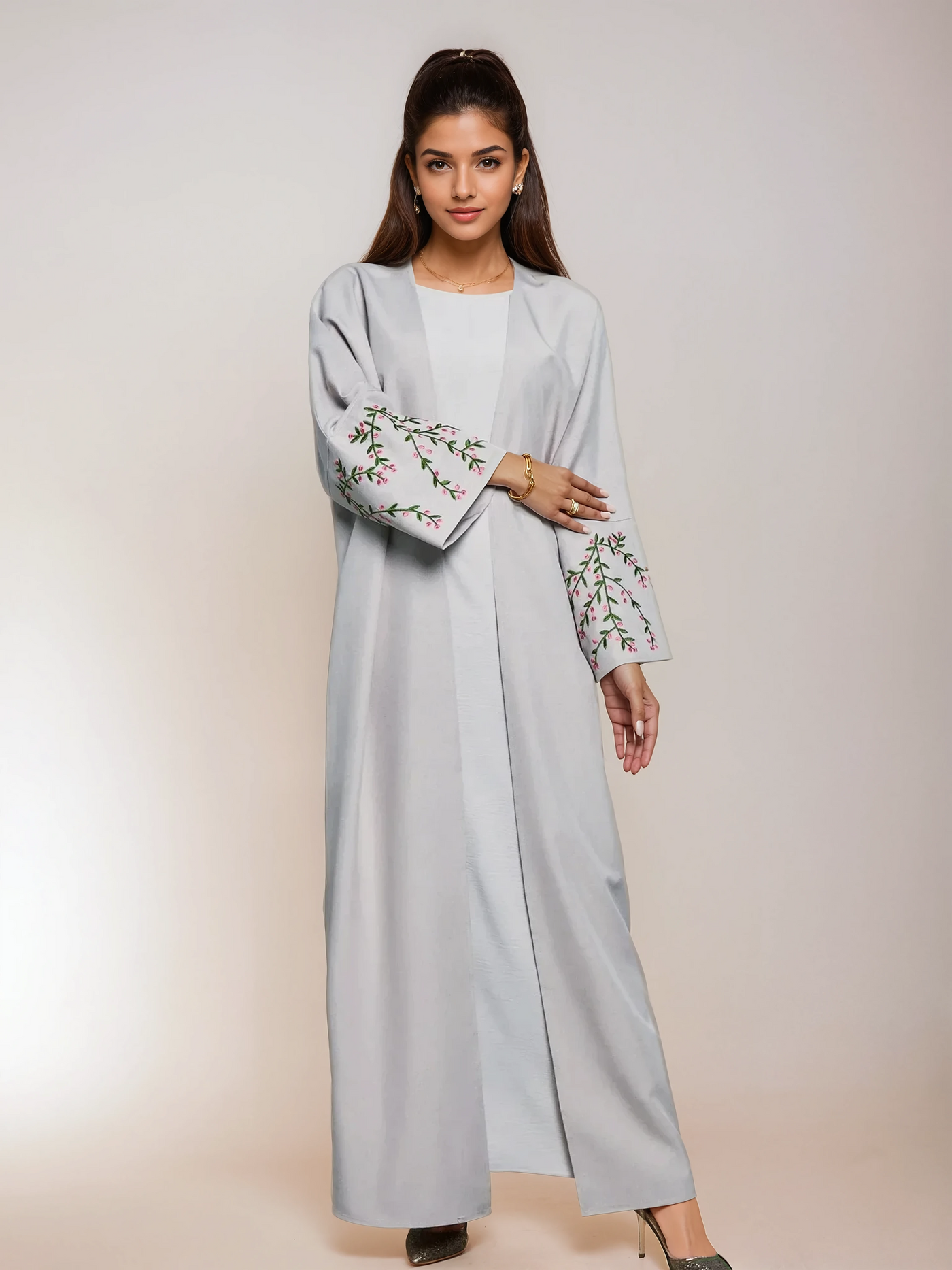 Floral Embroidered Kimono Light Gray