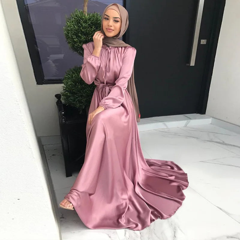 Pink Satin Abaya Dress with Bow Neckline