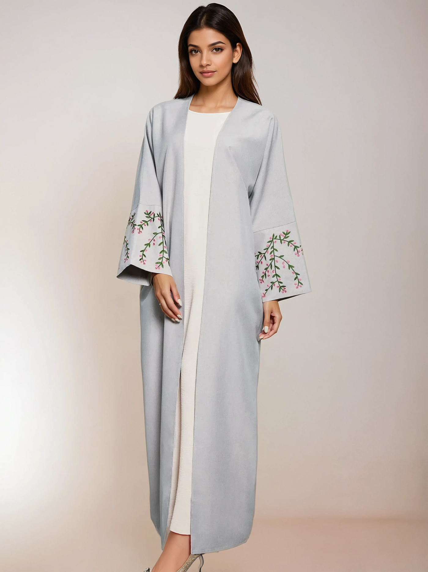 Floral Embroidered Kimono Light Gray