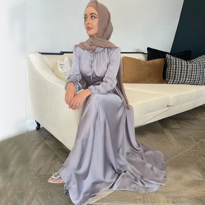 Silver Satin Abaya Dress with Bow Neckline