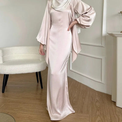 Women's Two-Piece Satin Abaya Set Beige