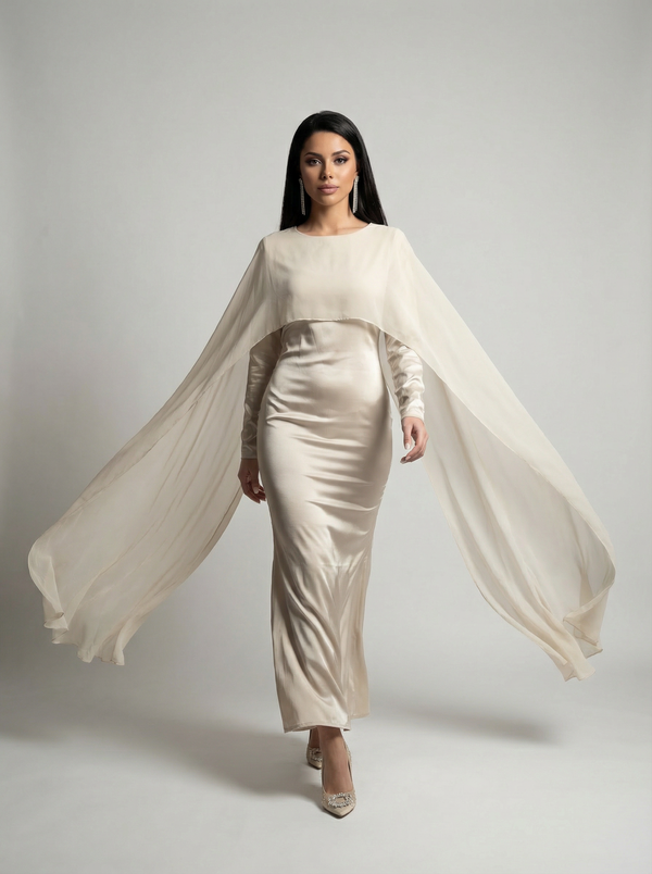 Modest Chiffon Maxi Dress - Evening Dress - Beige